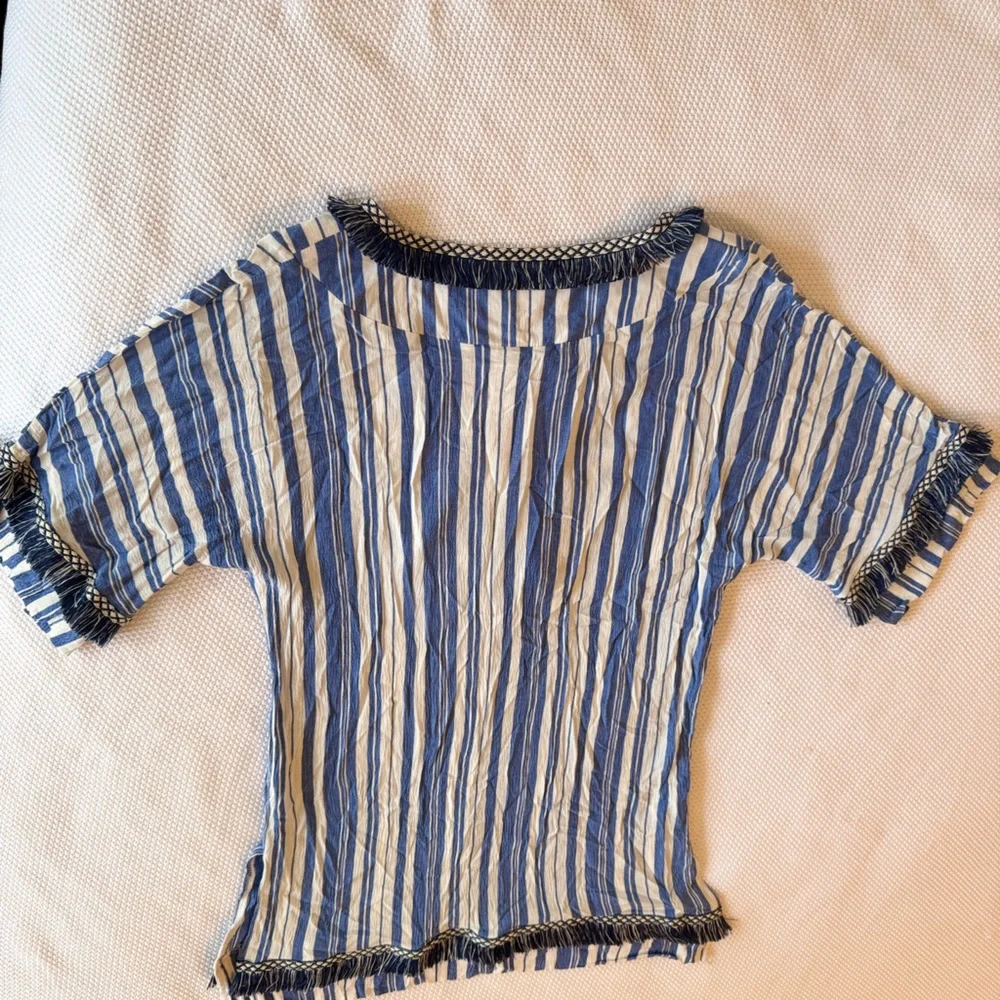 VELZERA Boho Blue & White Striped Mini Dress w Fringe Trim or Swim Coverup